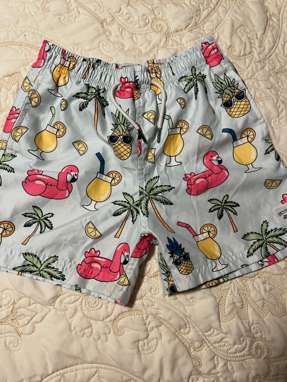 Spicy Tuna Kids Pineapple & Flamingo Swim Trunks - Light Blue